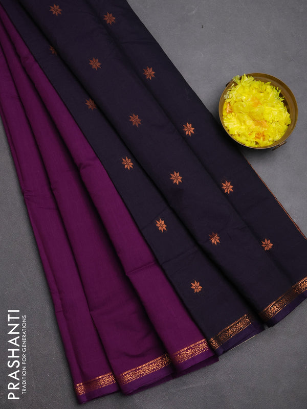Semi maheswari cotton saree purple and jamun with copper zari woven buttas and small copper zari woven border