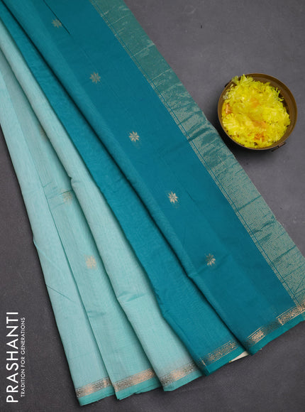 Semi maheswari cotton saree mild teal green and teal green with zari woven buttas and small zari woven border