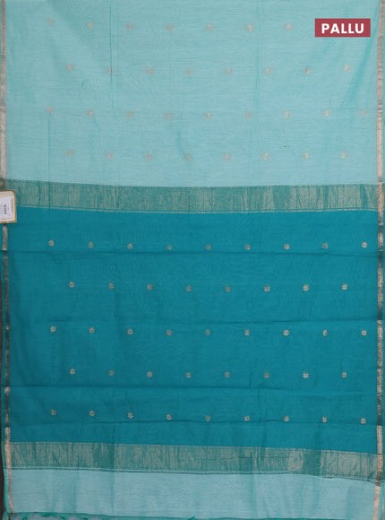 Semi maheswari cotton saree mild teal green and teal green with zari woven buttas and small zari woven border