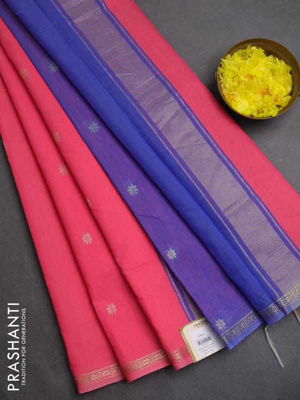 Semi maheswari cotton saree peach pink and blue with zari woven buttas and small zari woven border