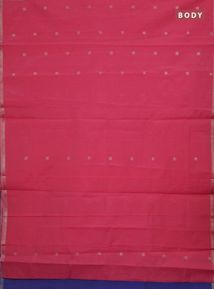 Semi maheswari cotton saree peach pink and blue with zari woven buttas and small zari woven border