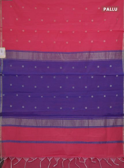Semi maheswari cotton saree peach pink and blue with zari woven buttas and small zari woven border