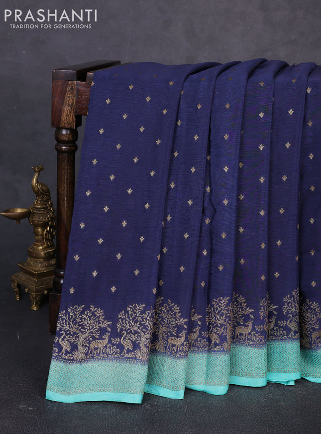 Banarasi semi chiffon saree peacock blue and teal green with allover thread & zari woven buttas and woven border