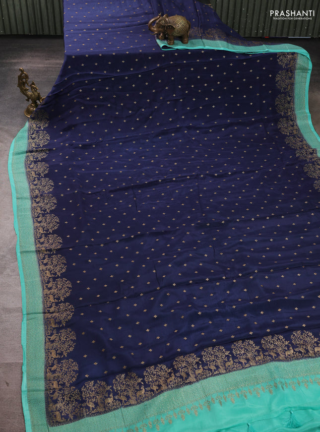 Banarasi semi chiffon saree peacock blue and teal green with allover thread & zari woven buttas and woven border