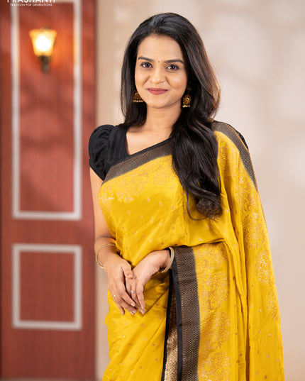 Banarasi chiffon saree mustard yellow and black with allover thread & zari woven buttas and woven border