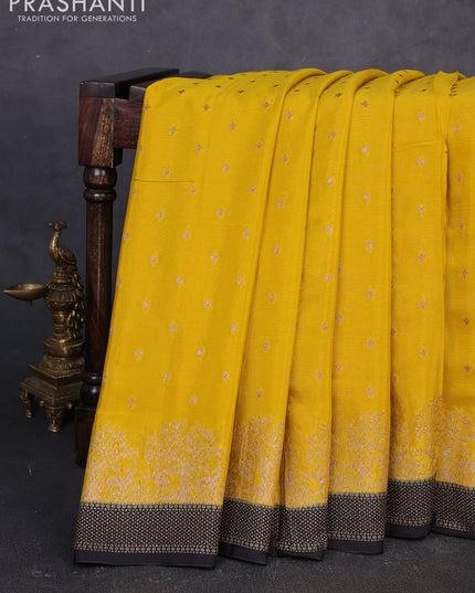 Banarasi chiffon saree mustard yellow and black with allover thread & zari woven buttas and woven border