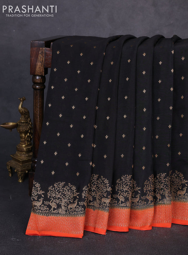 Banarasi semi chiffon saree black and orange with allover thread & zari woven buttas and woven border