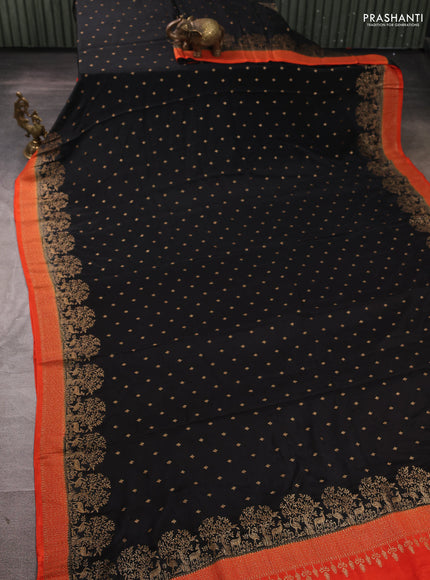 Banarasi chiffon saree black and orange with allover thread & zari woven buttas and woven border