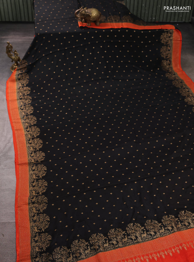 Banarasi semi chiffon saree black and orange with allover thread & zari woven buttas and woven border