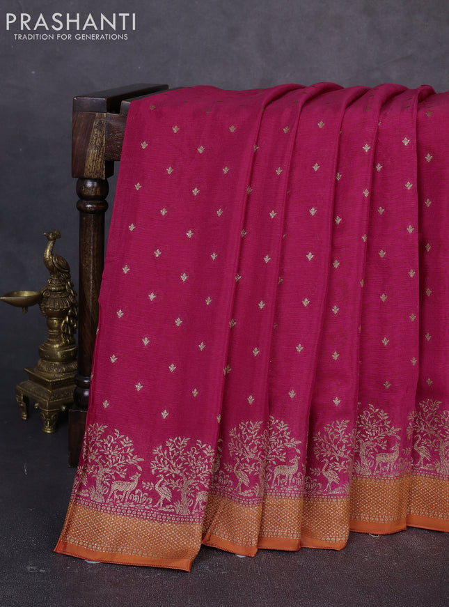 Banarasi semi chiffon saree pink and orange with allover thread & zari woven buttas and woven border