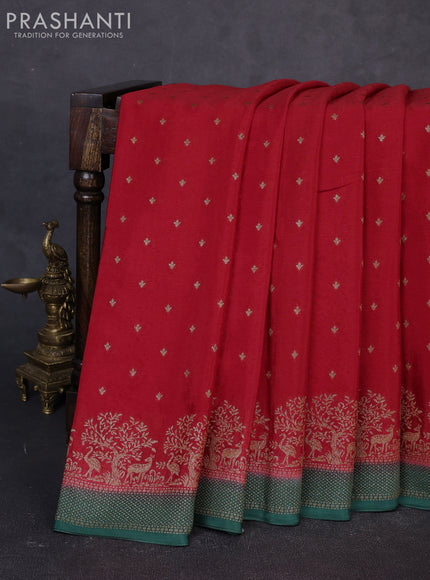 Banarasi chiffon saree red and green with allover thread & zari woven buttas and woven border