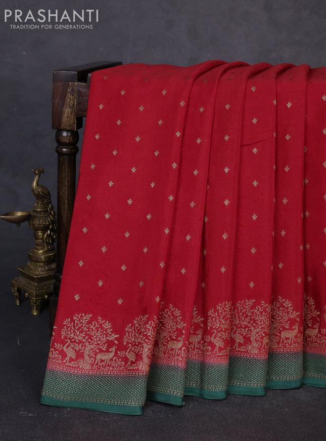 Banarasi semi chiffon saree red and green with allover thread & zari woven buttas and woven border