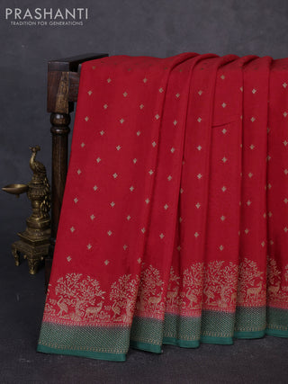 Banarasi chiffon saree red and green with allover thread & zari woven buttas and woven border