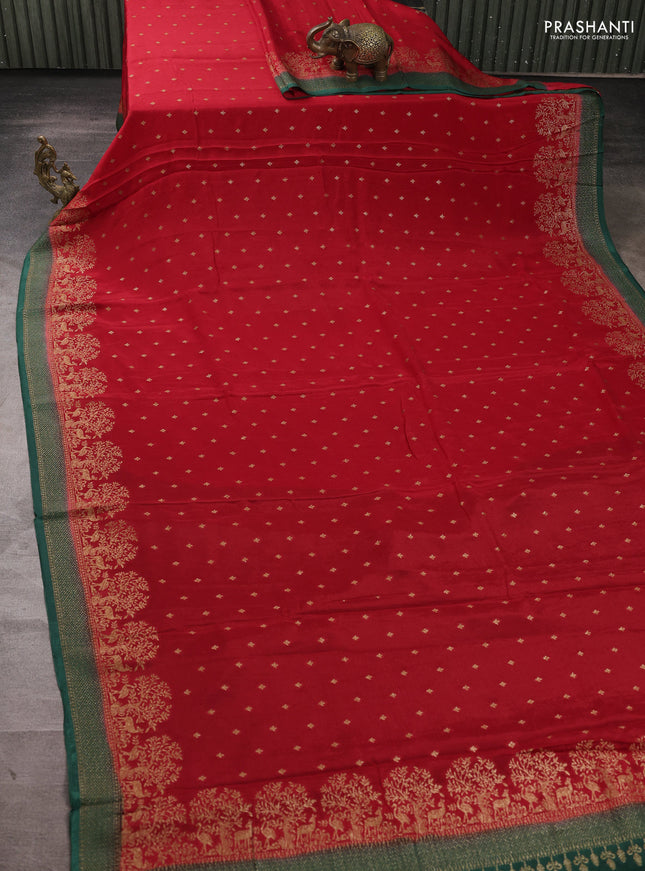 Banarasi semi chiffon saree red and green with allover thread & zari woven buttas and woven border