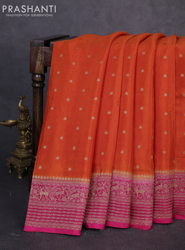 Banarasi semi chiffon saree orange and pink with allover thread & zari woven buttas and woven border