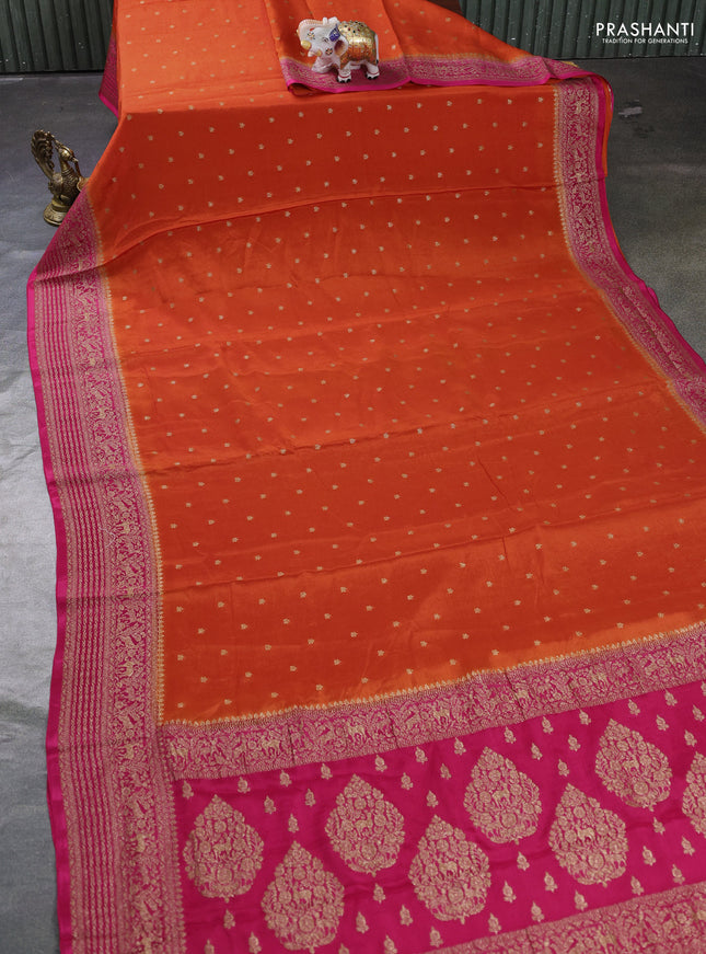 Banarasi semi chiffon saree orange and pink with allover thread & zari woven buttas and woven border
