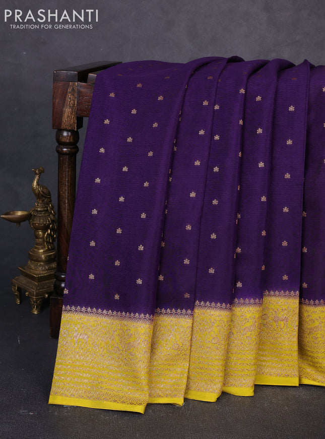Banarasi semi chiffon saree violet and mustard yellow with allover thread & zari woven buttas and woven border