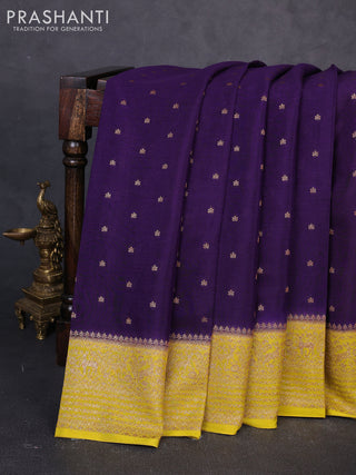 Banarasi chiffon saree violet and mustard yellow with allover thread & zari woven buttas and woven border