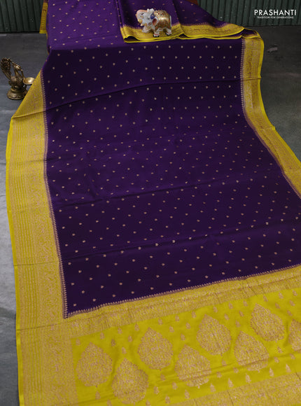 Banarasi chiffon saree violet and mustard yellow with allover thread & zari woven buttas and woven border