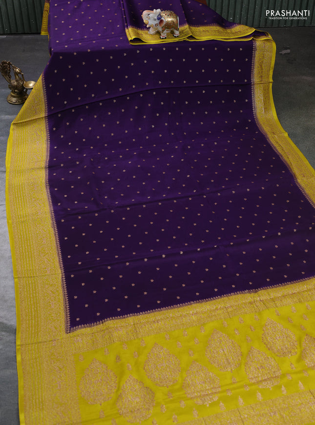 Banarasi semi chiffon saree violet and mustard yellow with allover thread & zari woven buttas and woven border