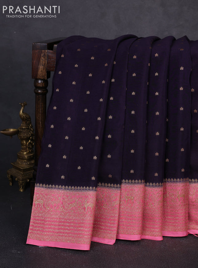Banarasi semi chiffon saree deep violet and peach pink with allover thread & zari woven buttas and woven border