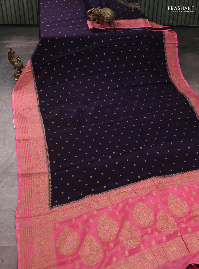 Banarasi semi chiffon saree deep violet and peach pink with allover thread & zari woven buttas and woven border
