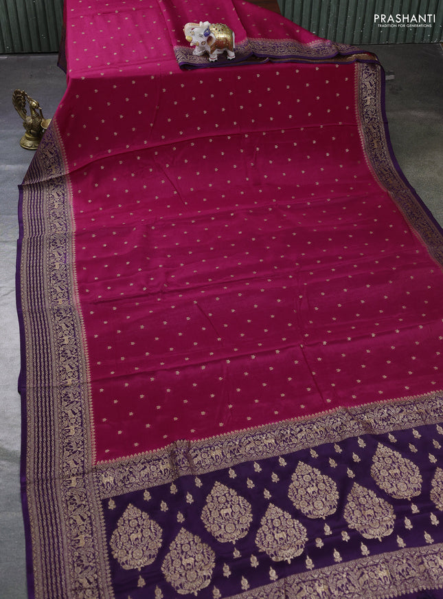 Banarasi semi chiffon saree pink and violet with allover thread & zari woven buttas and woven border