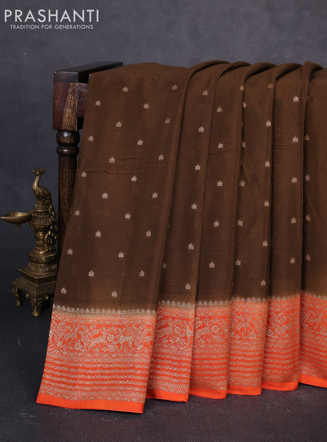 Banarasi semi chiffon saree brown and orange with allover thread & zari woven buttas and woven border