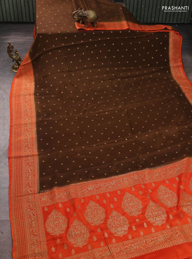 Banarasi semi chiffon saree brown and orange with allover thread & zari woven buttas and woven border