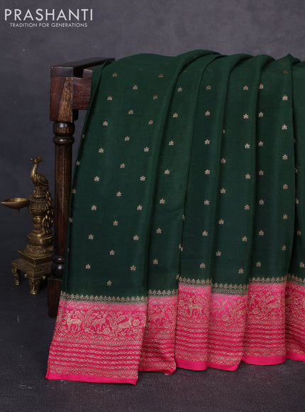 Banarasi chiffon saree bottle green and pink with allover thread & zari woven buttas and woven border