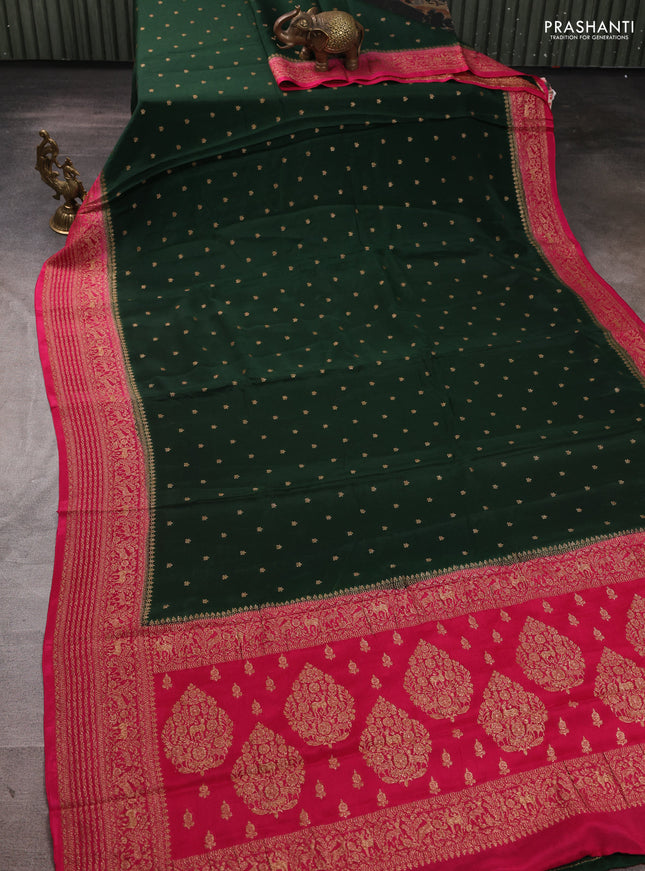 Banarasi semi chiffon saree bottle green and pink with allover thread & zari woven buttas and woven border