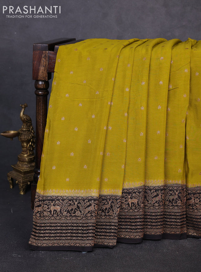 Banarasi semi chiffon saree mustard green and black with allover thread & zari woven buttas and woven border