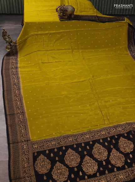 Banarasi chiffon saree mustard green and black with allover thread & zari woven buttas and woven border