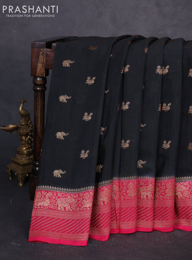 Banarasi semi chiffon saree black and pink with allover thread & zari woven buttas and woven border