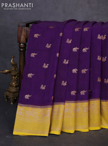 Banarasi chiffon saree violet and mustard yellow with allover thread & zari woven buttas and woven border