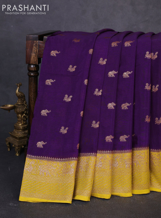 Banarasi semi chiffon saree violet and mustard yellow with allover thread & zari woven buttas and woven border