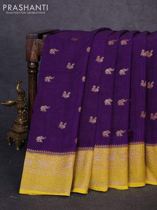 Banarasi chiffon saree violet and mustard yellow with allover thread & zari woven buttas and woven border