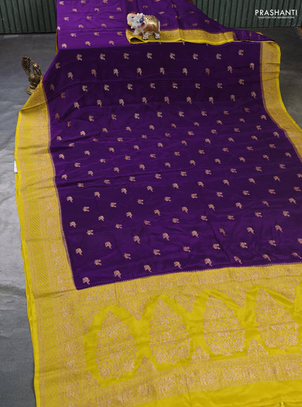 Banarasi chiffon saree violet and mustard yellow with allover thread & zari woven buttas and woven border