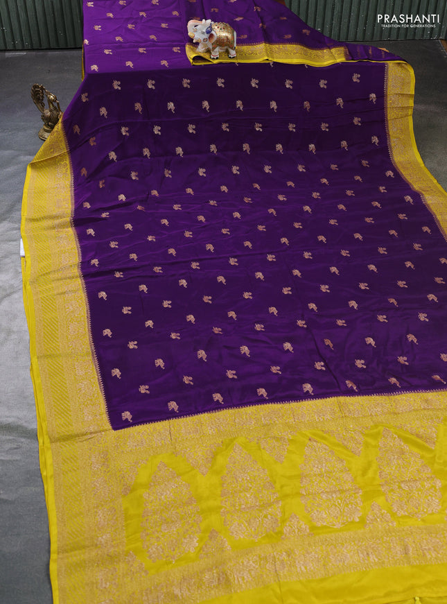 Banarasi semi chiffon saree violet and mustard yellow with allover thread & zari woven buttas and woven border