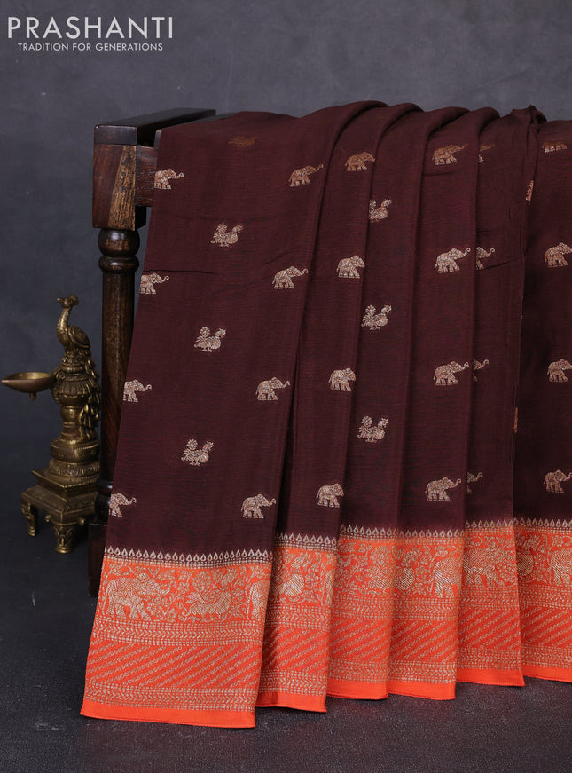 Banarasi semi chiffon saree coffee brown and orange with allover thread & zari woven buttas and woven border