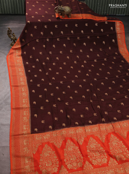Banarasi chiffon saree coffee brown and orange with allover thread & zari woven buttas and woven border