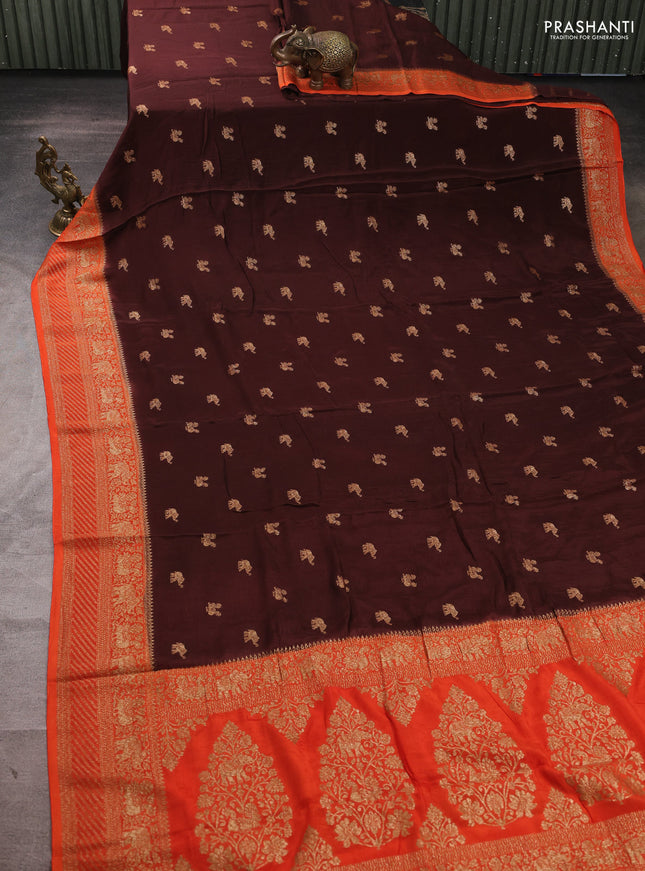 Banarasi semi chiffon saree coffee brown and orange with allover thread & zari woven buttas and woven border