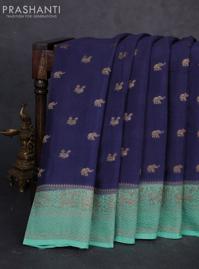 Banarasi semi chiffon saree navy blue and teal green with allover thread & zari woven buttas and woven border