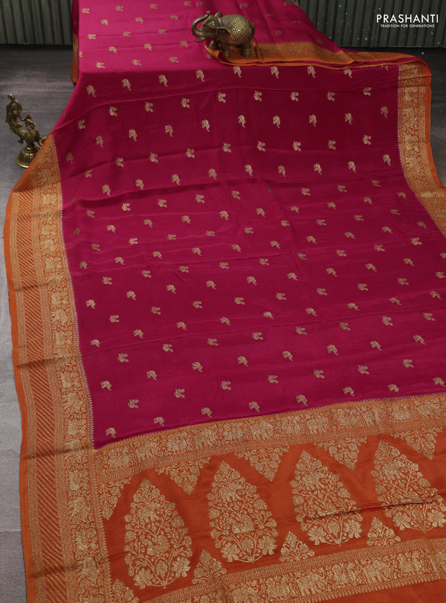 Banarasi semi chiffon saree pink and orange with allover thread & zari woven buttas and woven border