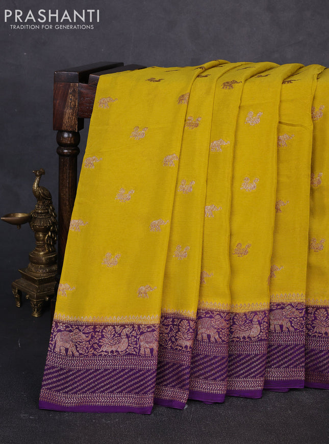 Banarasi semi chiffon saree mustard green and violet with allover thread & zari woven buttas and woven border