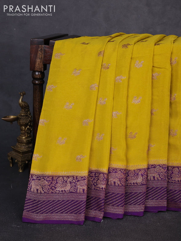Banarasi chiffon saree mustard green and violet with allover thread & zari woven buttas and woven border