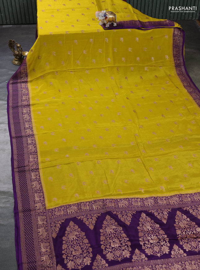 Banarasi semi chiffon saree mustard green and violet with allover thread & zari woven buttas and woven border