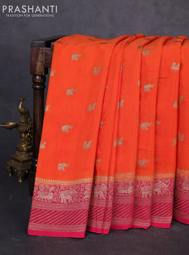 Banarasi semi chiffon saree orange and pink with allover thread & zari woven buttas and woven border