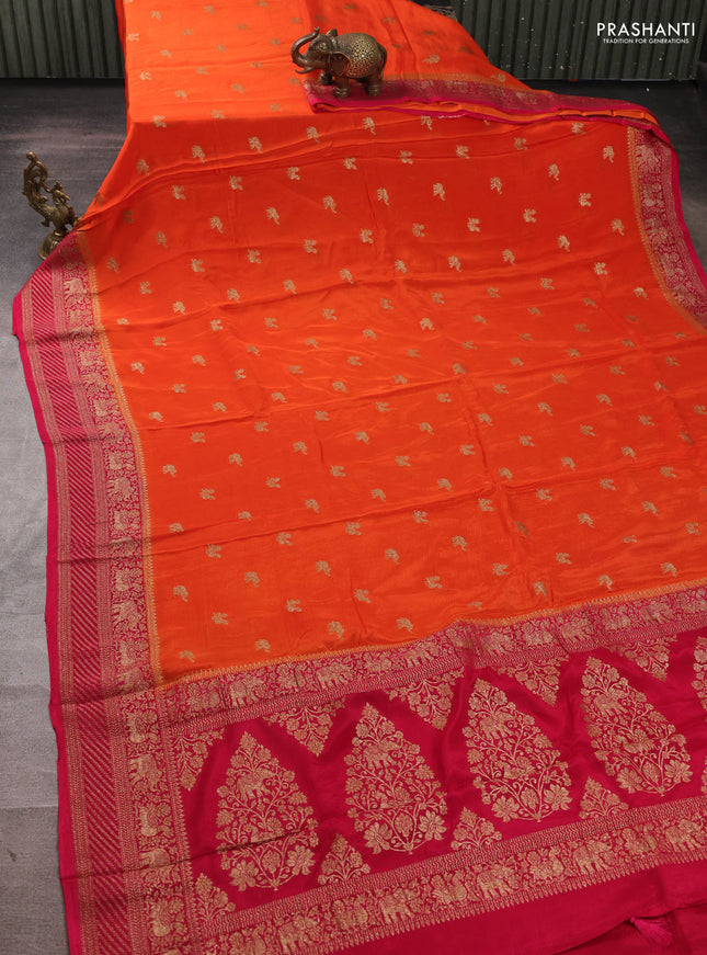 Banarasi semi chiffon saree orange and pink with allover thread & zari woven buttas and woven border
