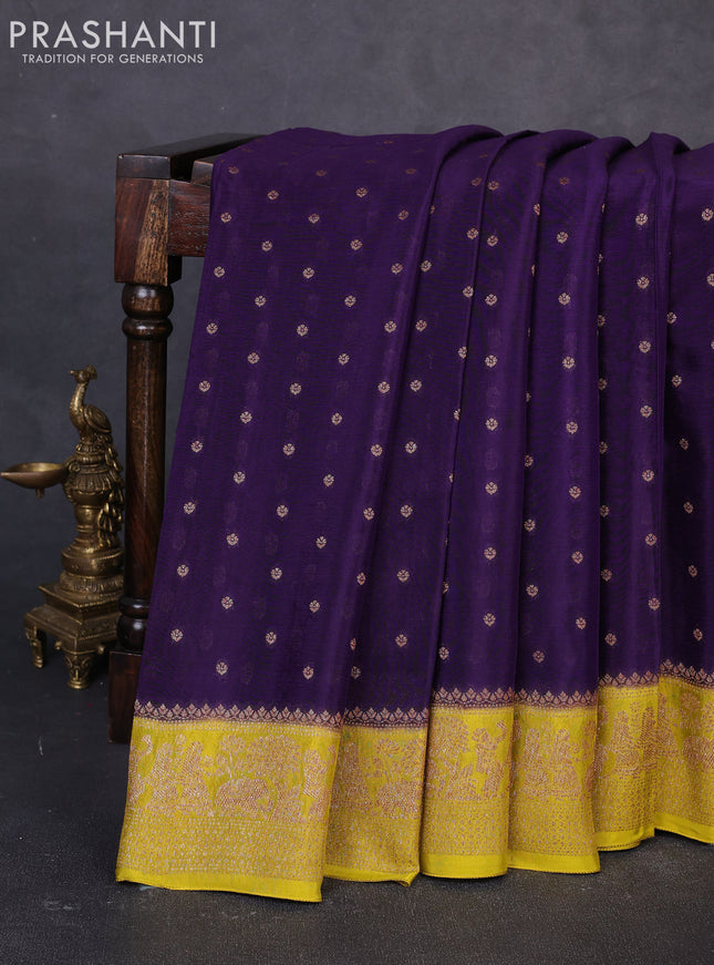 Banarasi semi chiffon saree deep violet and lime green with allover thread & zari woven buttas and woven border